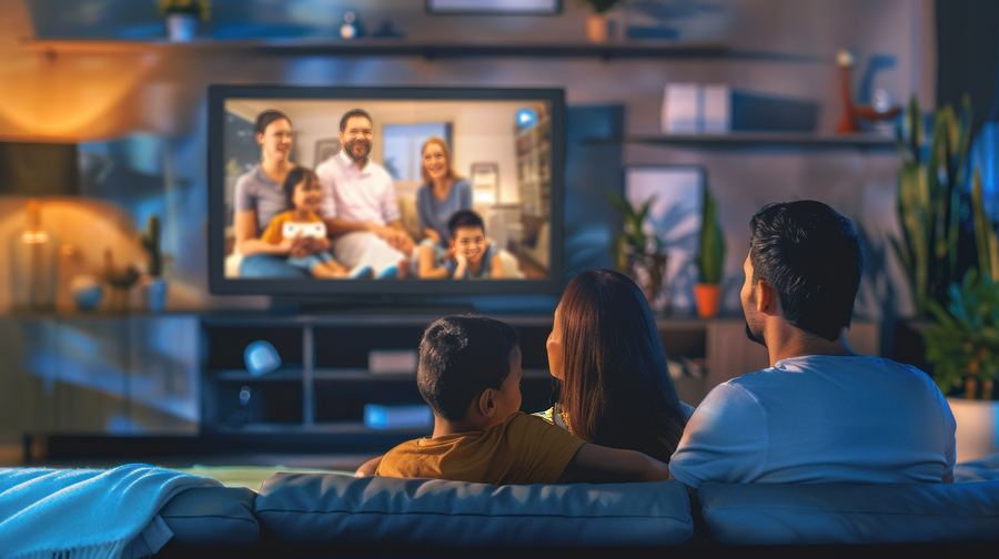 Família assistindo filmes em streaming na TV com internet fibra