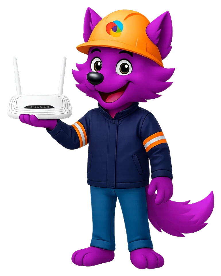 Milo, o mascote da WebFiber, segurando um roteador Wi-Fi