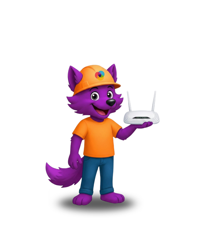 Milo, o mascote da WebFiber, segurando um roteador Wi-Fi