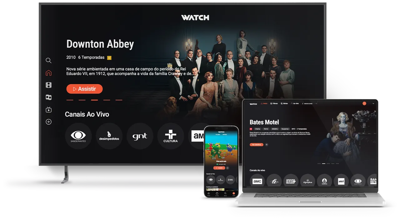App Watch TV rodando na TV, no notebook e no celular